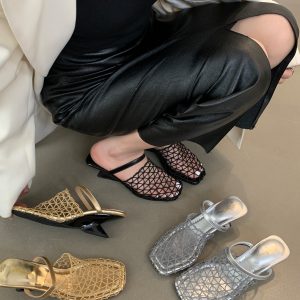 2025 Summer New Style Woven Fishnet Roman Sandals Hollow Breathable Mule Shoes Wedge Heel Women 5CM