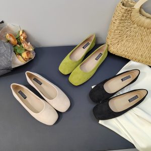 CSYCOCO Women's Comfortable Flat Shoes Korean Style Suede Loafers Slip-On Square Toe Green