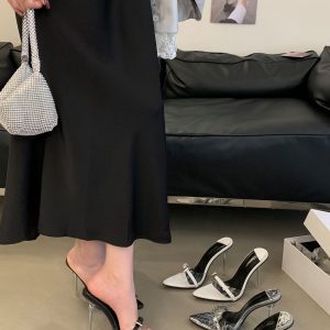 2025 European American Trend Crystal Transparent Heel Pointed Toe Square Buckle Sexy Thin High Heel Slippers Plus Size