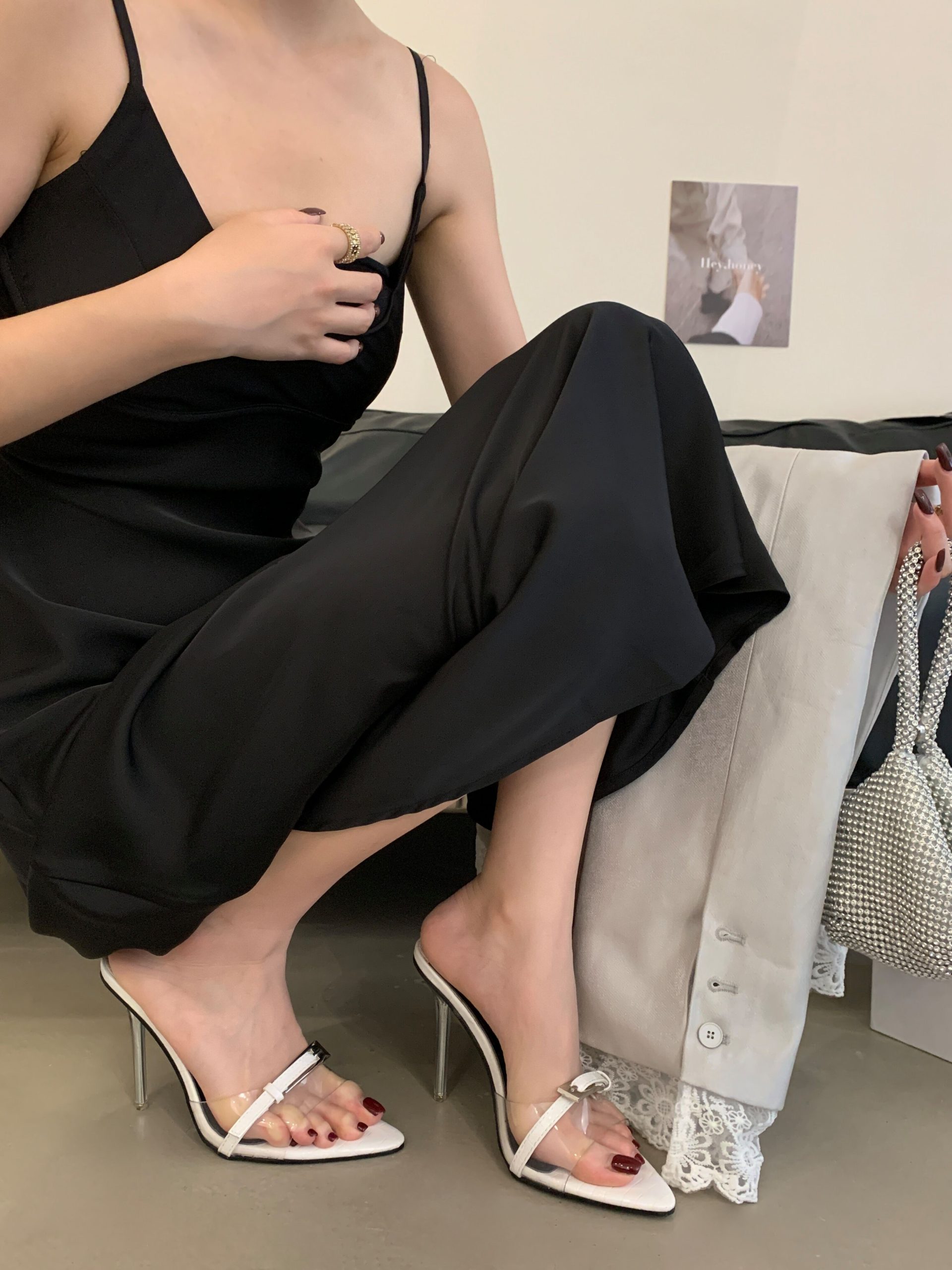 2025 European American Trend Crystal Transparent Heel Pointed Toe Square Buckle Sexy Thin High Heel Slippers Plus Size - Image 2