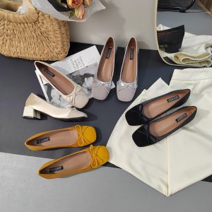 Classic Versatile Fairy Style Comfortable Chunky Heel Shoes with Same Color Splicing Bowknot High Heel Slip-On