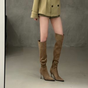 Women's Pointed Toe High Heel Slim Boots Over Knee Folded Wrinkled Martin Boots