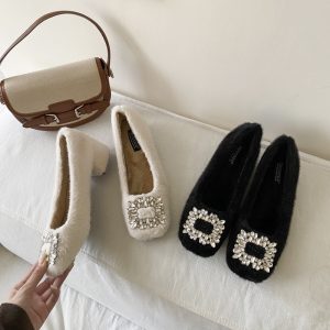 French Style Women's Furry Square Heel Shoes with Rhinestone Buckle, Chunky Heel, Fairy Style, Low Top Warm Winter Shoes