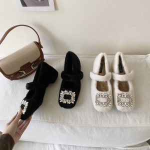 CSYCOCO Women's Winter Furry Ballet Square Toe Mary Jane Shoes with Chunky Heel and Plush Lining