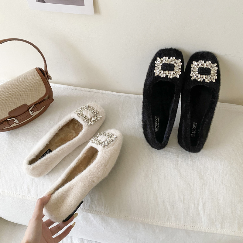 French Style Flat Furry Women's Shoes Fairy Wind Slip-On Warm Lined Shoes