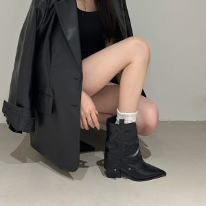 Women's Pointed Toe Cowboy Boots High Heel Short Boots Sweet Cool Style Fall Winter New Western Chunky Heel