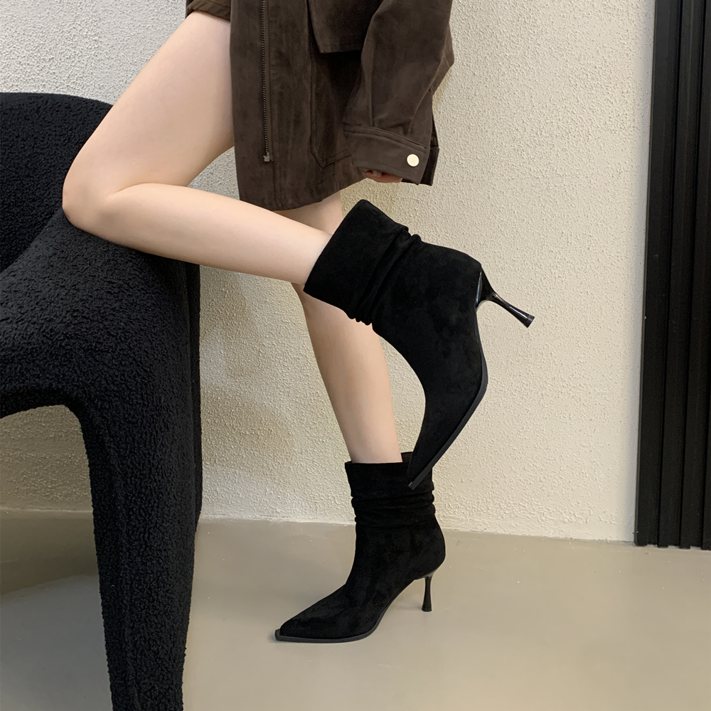 Korean Style High Heel Pleated Slim Ankle Boots for Women Autumn Winter Suede Trendy Stacked Boots - Image 3