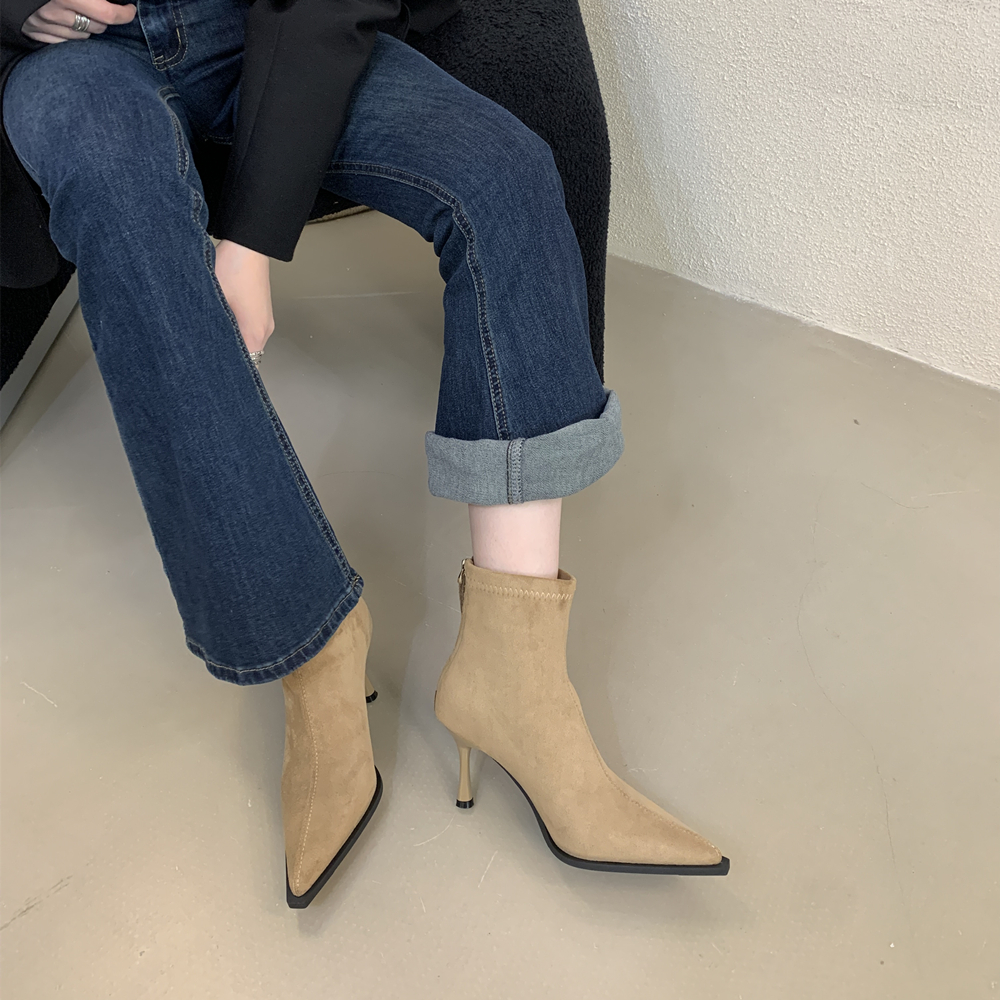 French High Heel Pointed Toe Suede Khaki Slim Boots Women 2025 New Autumn Winter Boots - Image 2