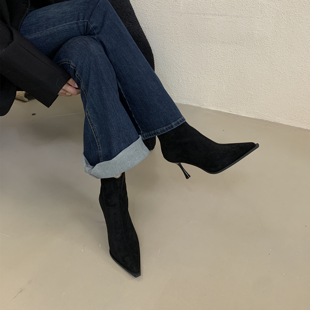 French High Heel Pointed Toe Suede Khaki Slim Boots Women 2025 New Autumn Winter Boots - Image 3