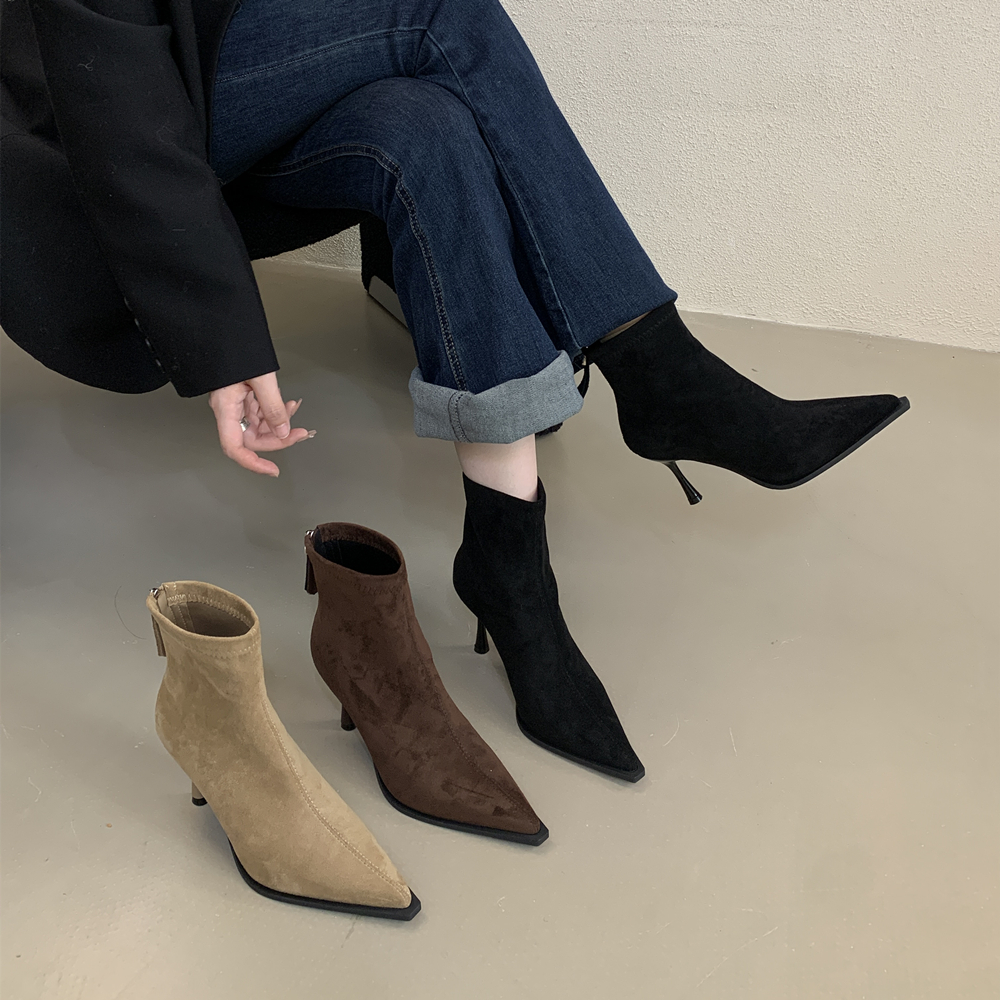 French High Heel Pointed Toe Suede Khaki Slim Boots Women 2025 New Autumn Winter Boots