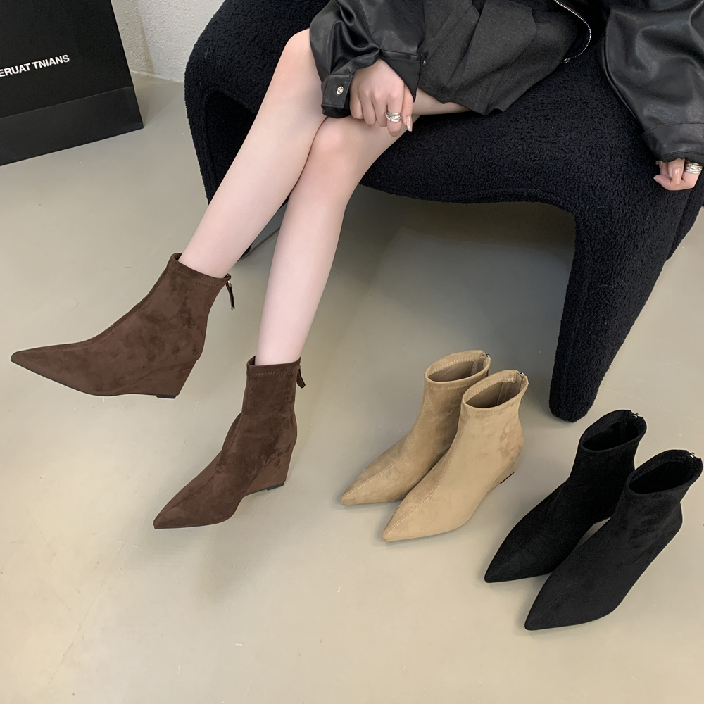 Women's Suede Pointed Toe Wedge Ankle Boots with Back Zipper Slim Fit Brown Winter Boots