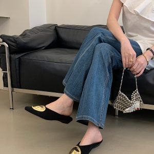 2026 Summer New Silk Square Toe Flat Slip-On Slippers for Women Comfortable Breathable Casual